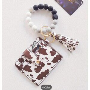 Brown Cow Print ID Card Holder With Tassel & Beaded Keychain Bracelet Wristlet W